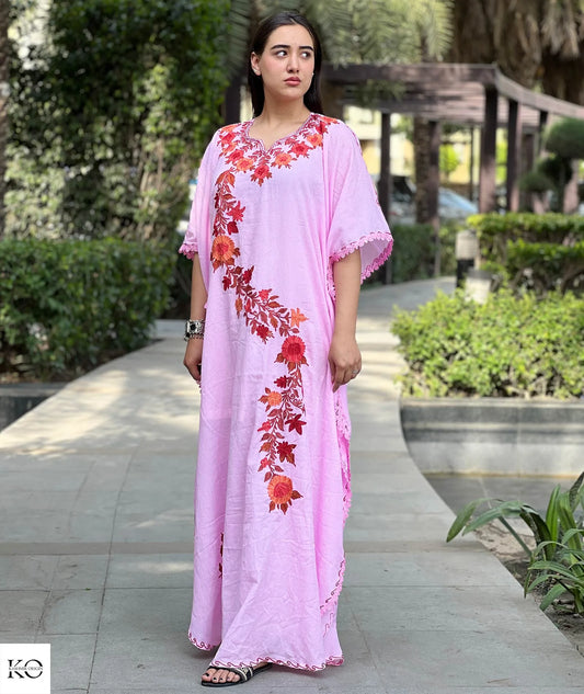 Rose Pink Posh Thaer Design Embroidered Cotton Kaftan with Lace