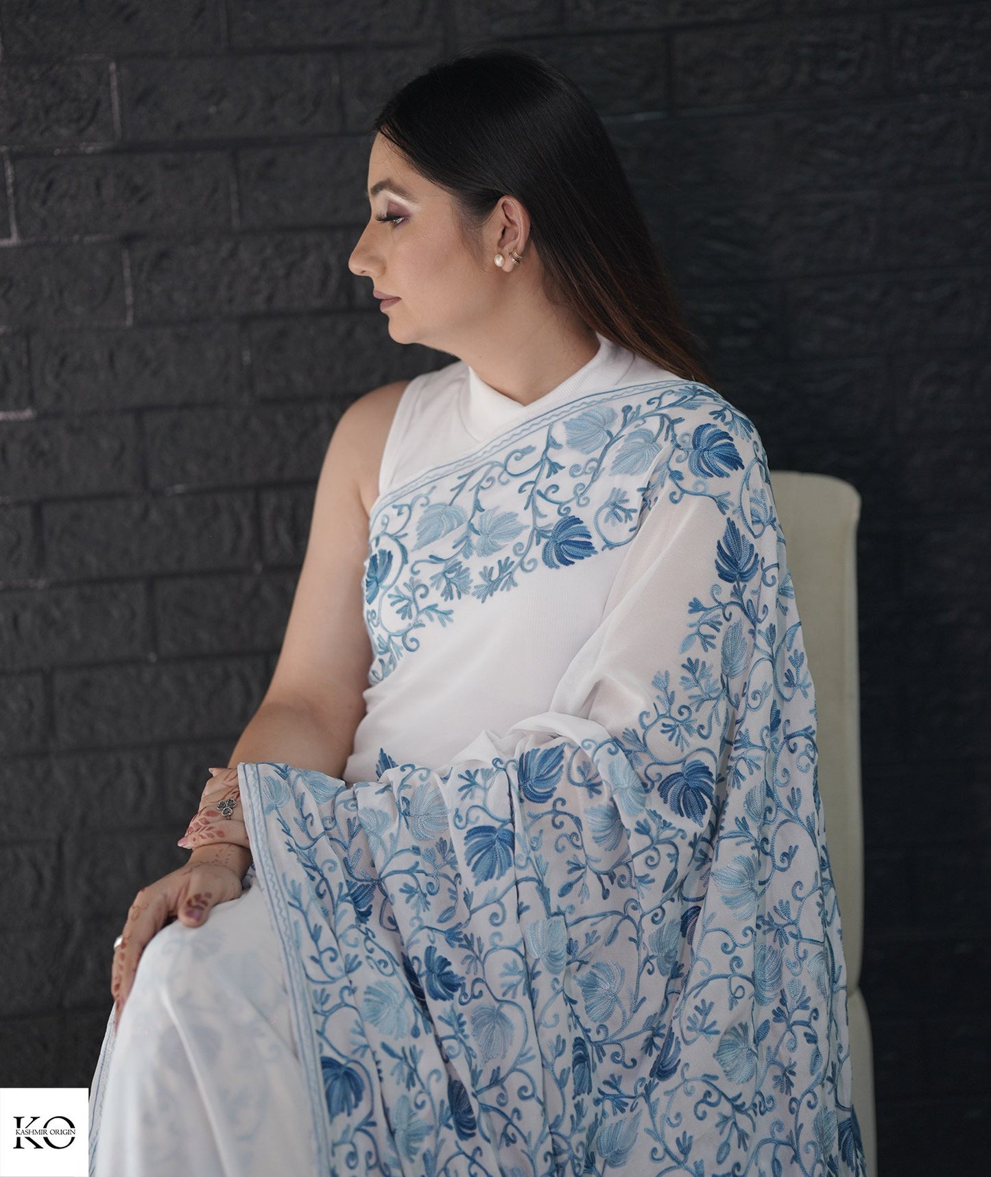 Skyish Blue Embroidered White Georgette Saree