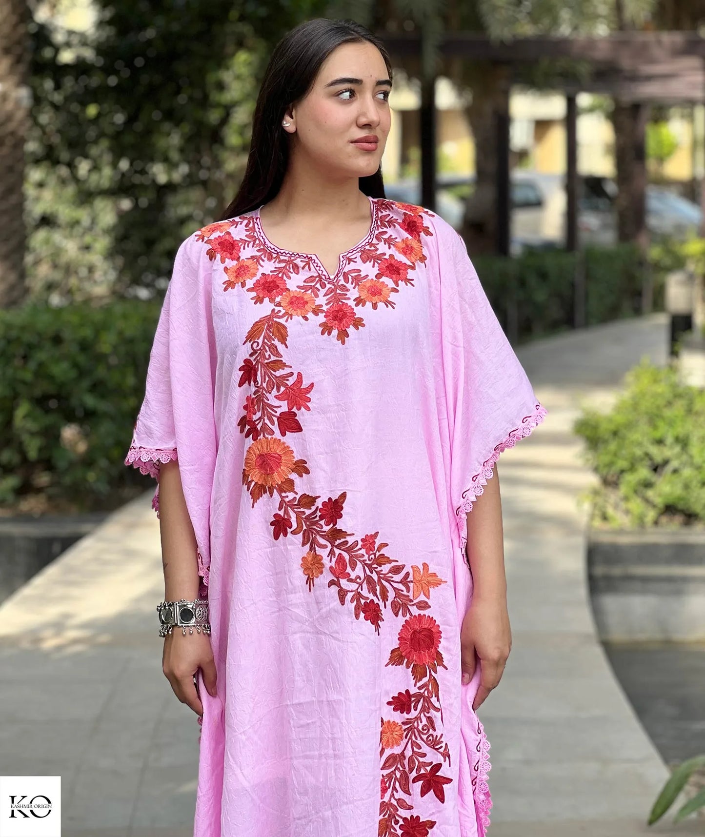 Rose Pink Posh Thaer Design Embroidered Cotton Kaftan with Lace