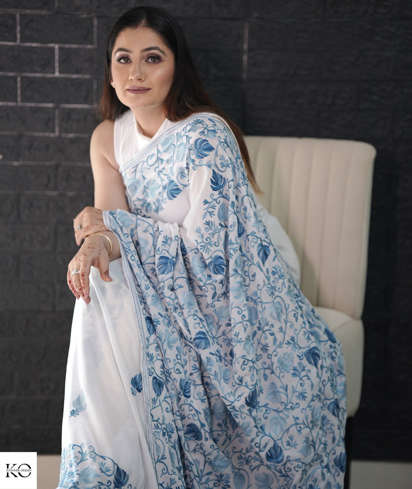 Skyish Blue Embroidered White Georgette Saree