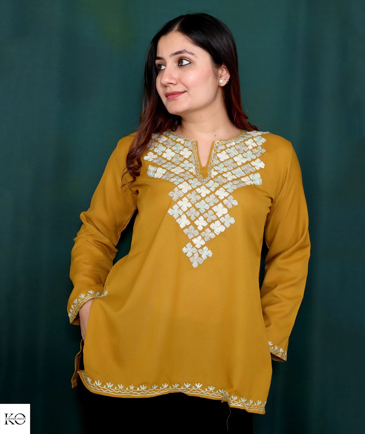 Mustard Base Embroidered Abstract Design Cotton Short Kurti