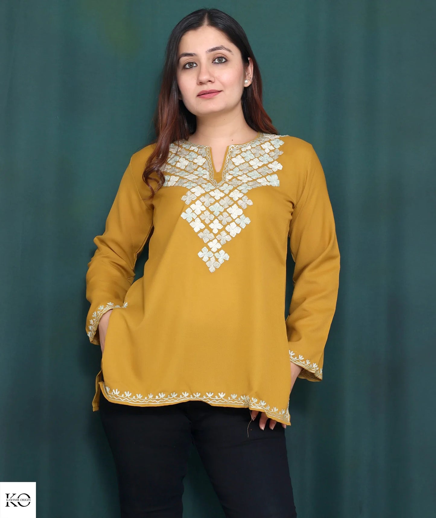 Mustard Base Embroidered Abstract Design Cotton Short Kurti