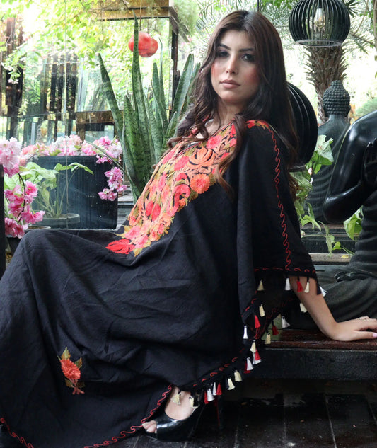 Black Aari Embroidered Cotton Lace Kaftan