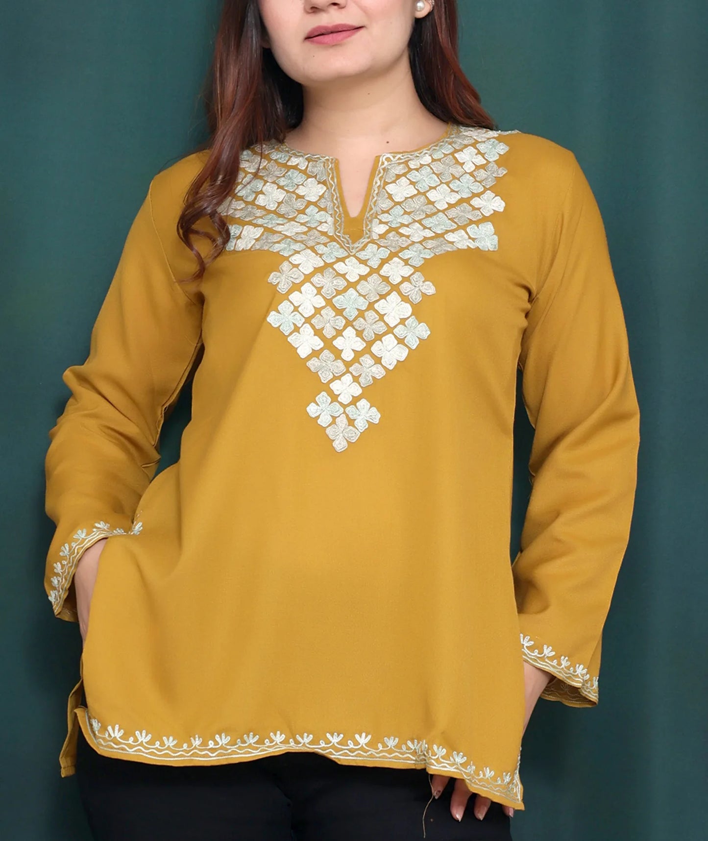 Mustard Base Embroidered Abstract Design Cotton Short Kurti