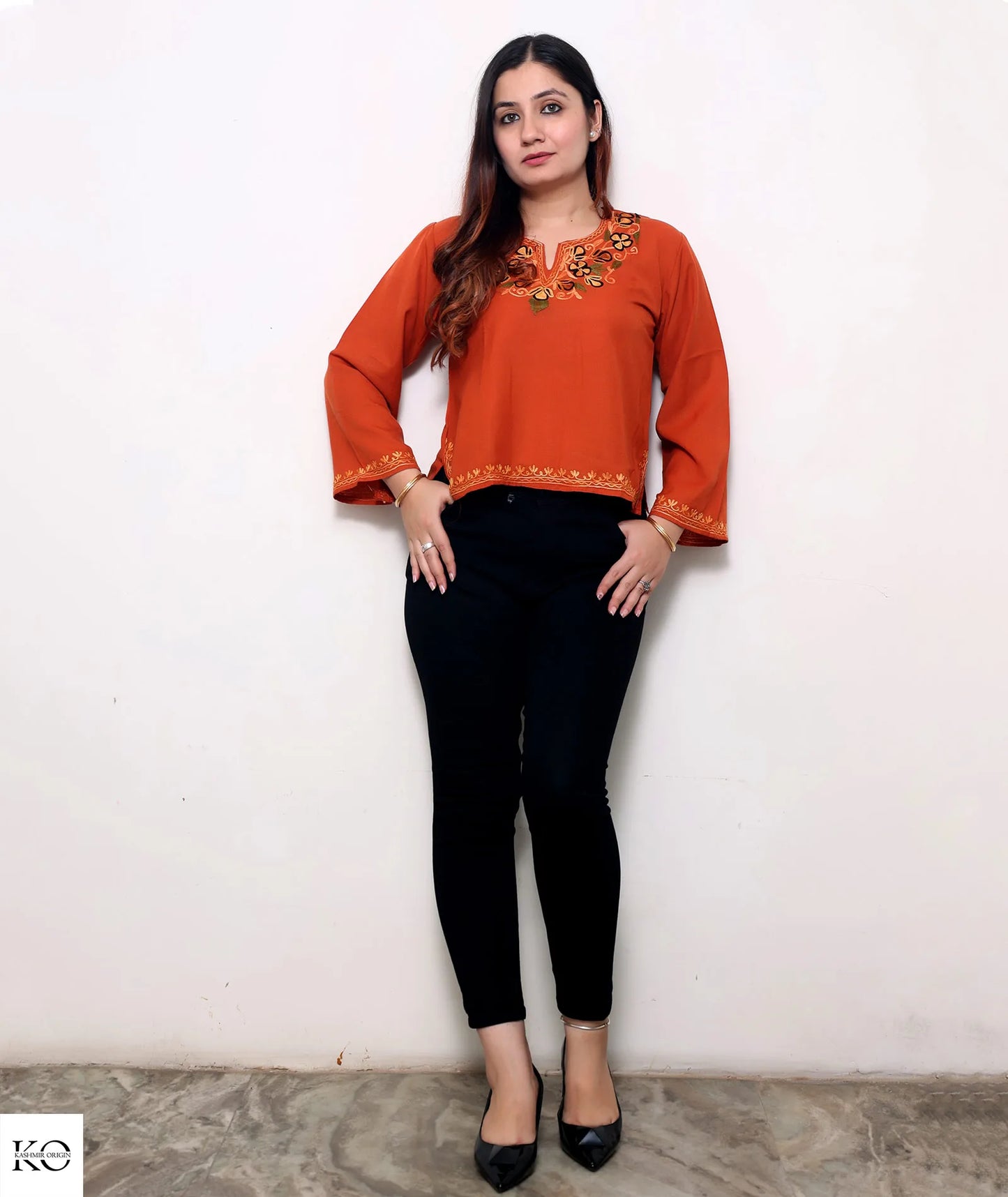 Rust Base Embroidered Floral Cotton Short Kurti