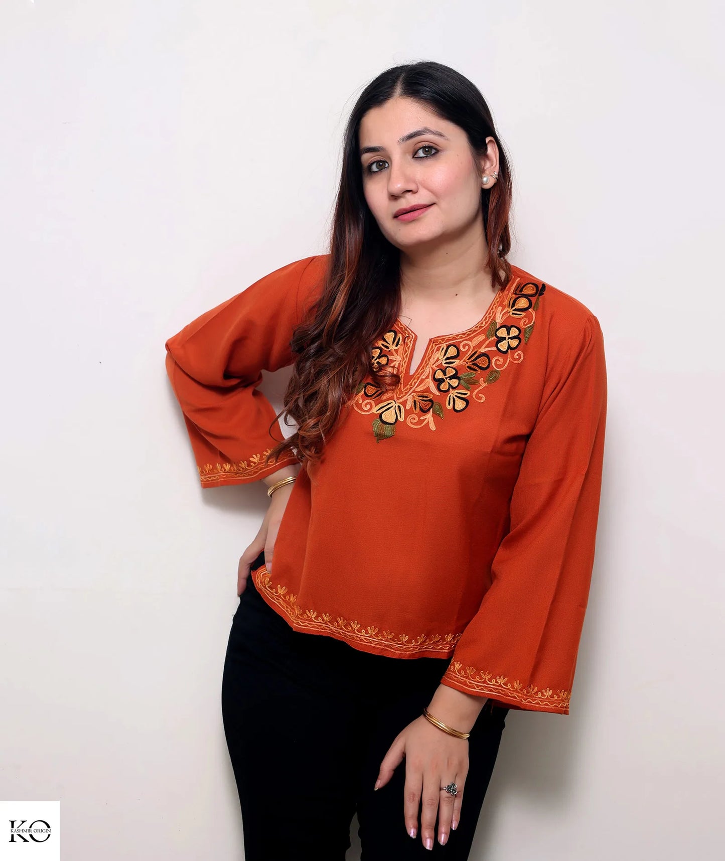 Rust Base Embroidered Floral Cotton Short Kurti