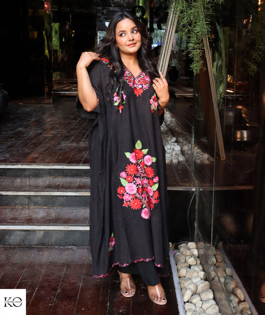 Dhaman Posh Aari Embroidered Black Cotton Kaftan