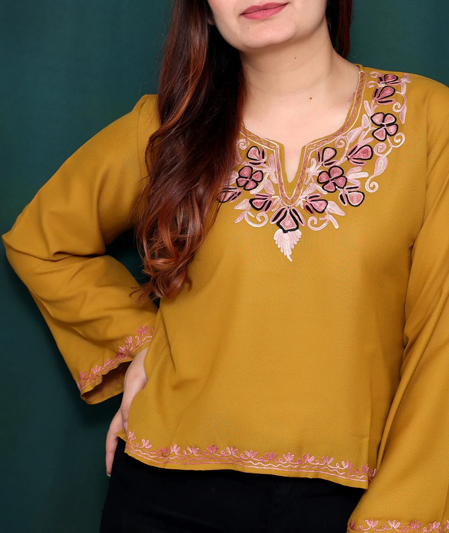 Mustard Base Embroidered Cotton Short Kurti