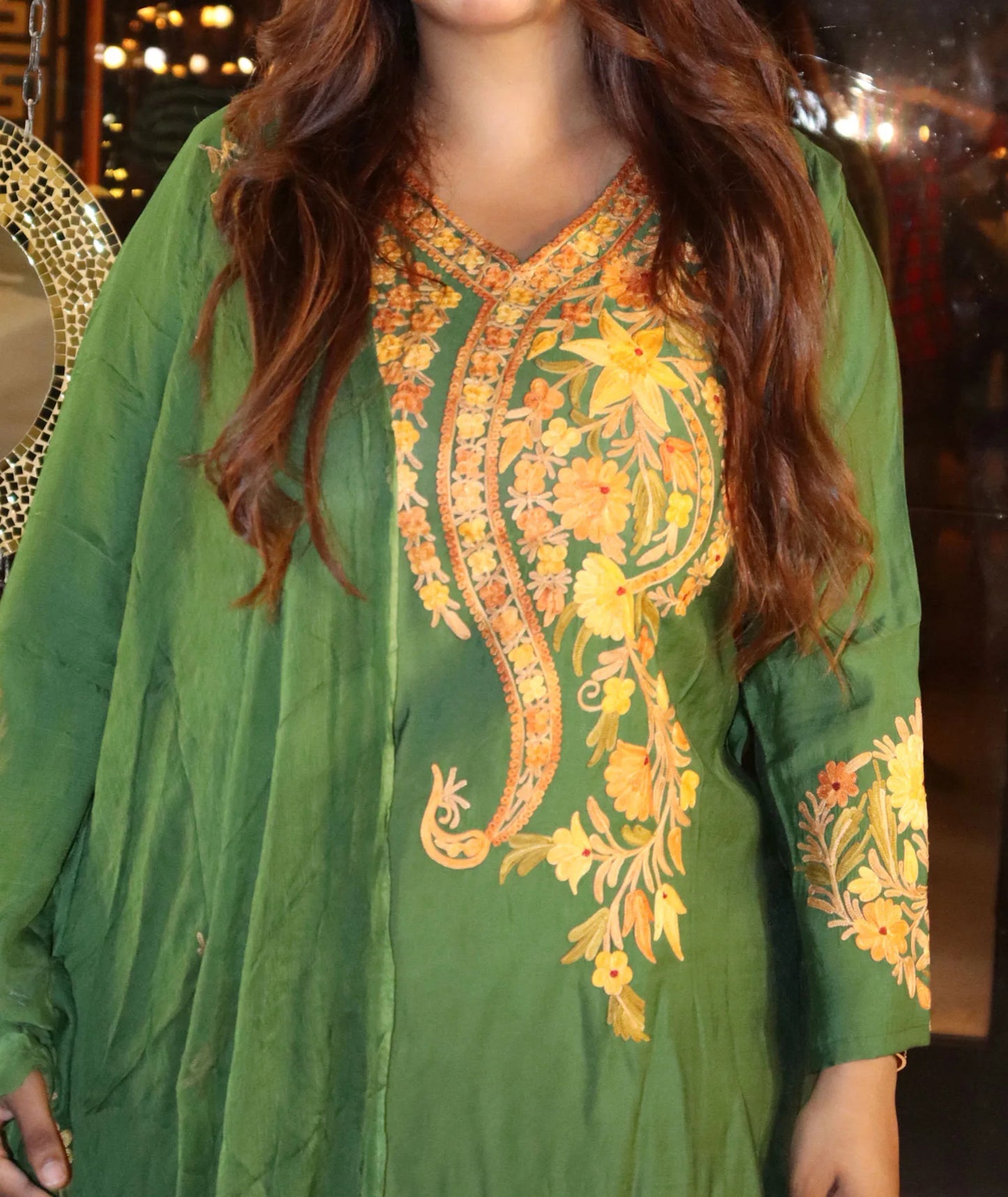 Green Base Aari Embroidered Silk Crepe Suit With Dupatta