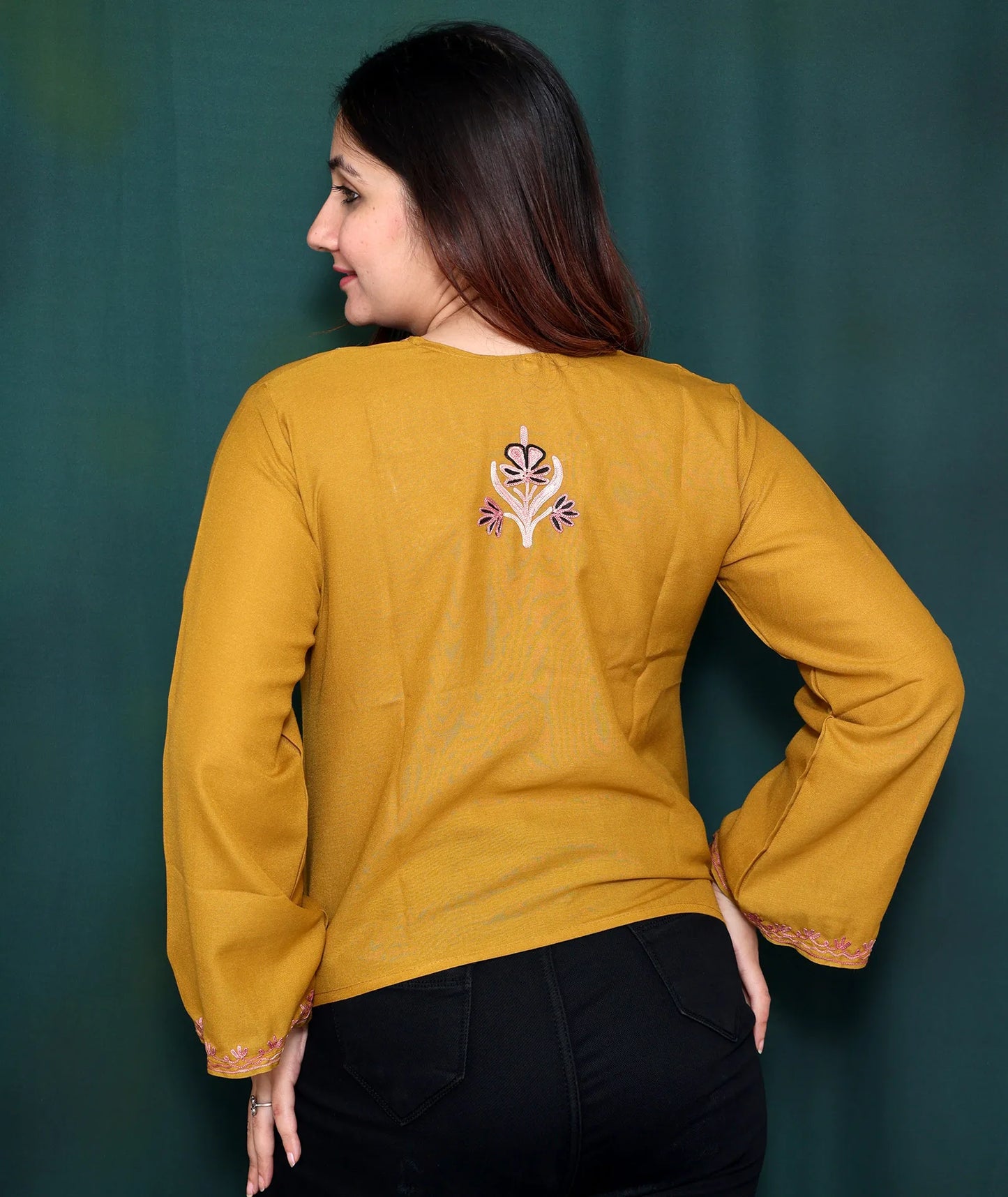 Mustard Base Embroidered Cotton Short Kurti