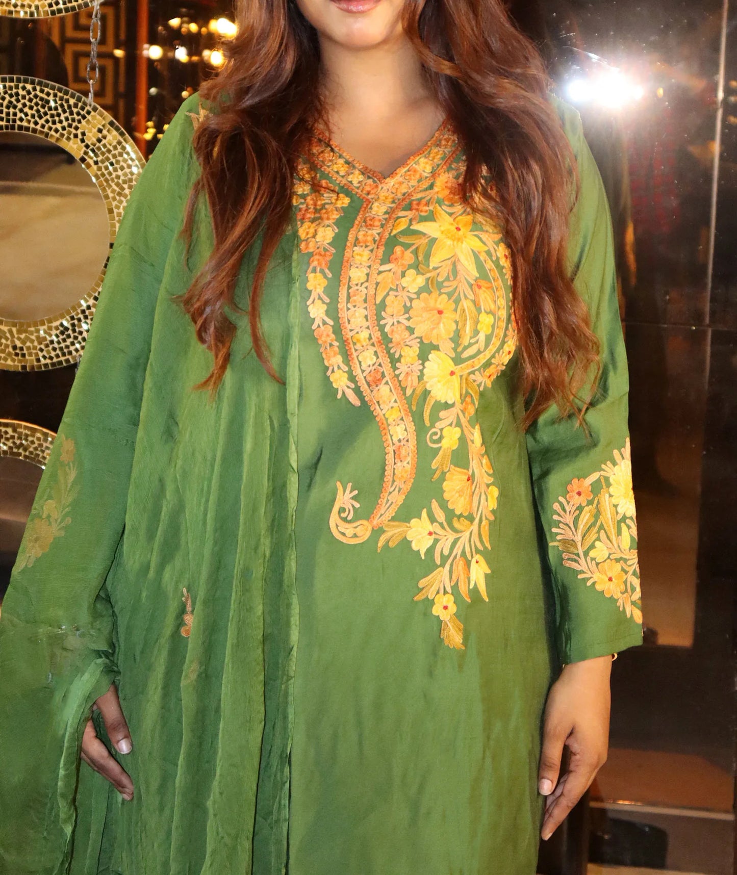 Green Base Aari Embroidered Silk Crepe Suit With Dupatta