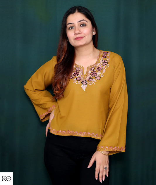 Mustard Base Embroidered Cotton Short Kurti