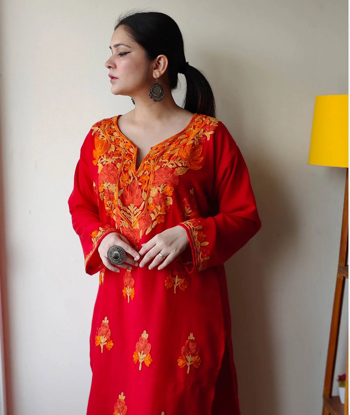 Red & Yellow Aari Embroidered Bootidaar Cotton Co ord Set