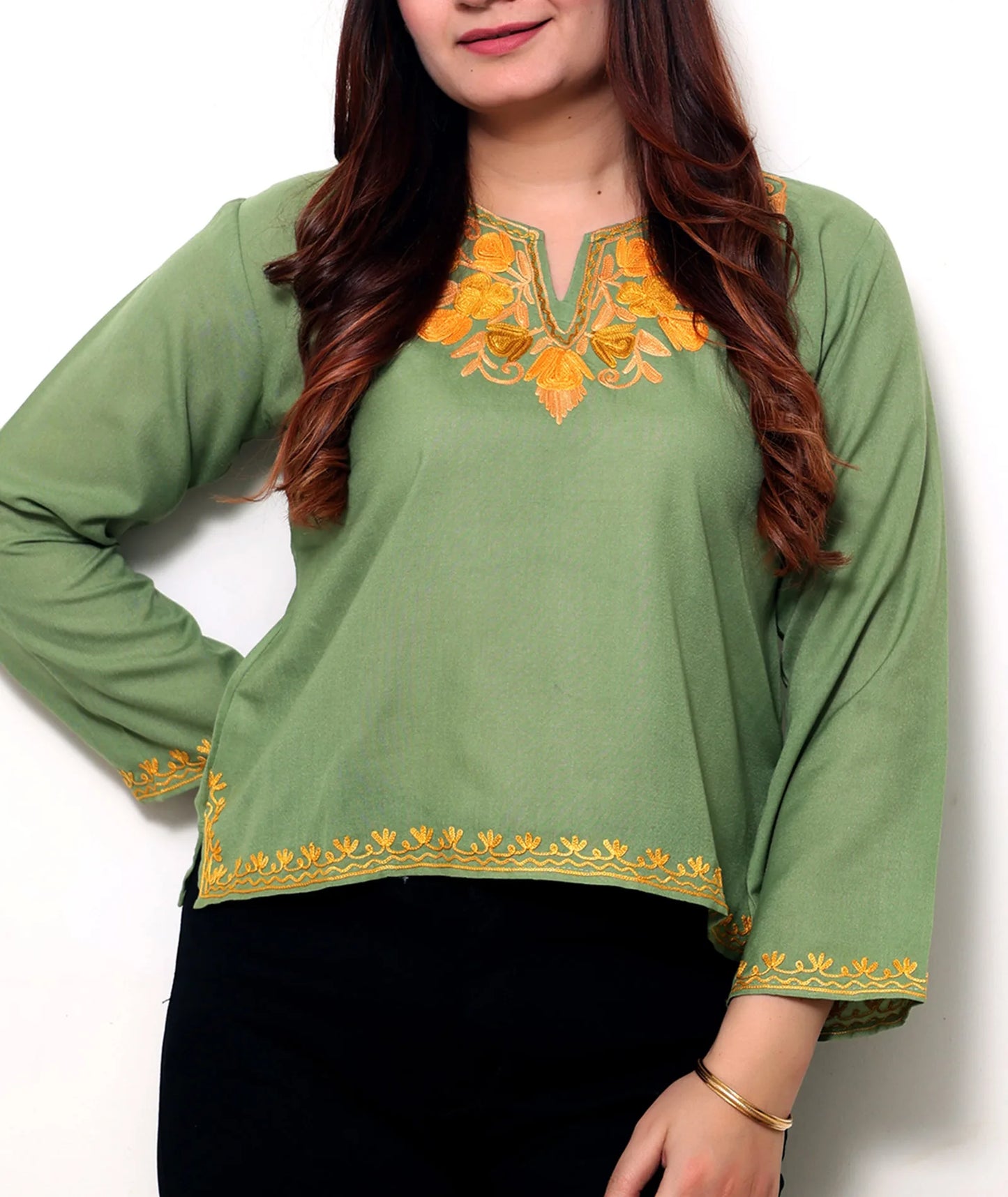 Green Base Embroidered Cotton Short Kurti