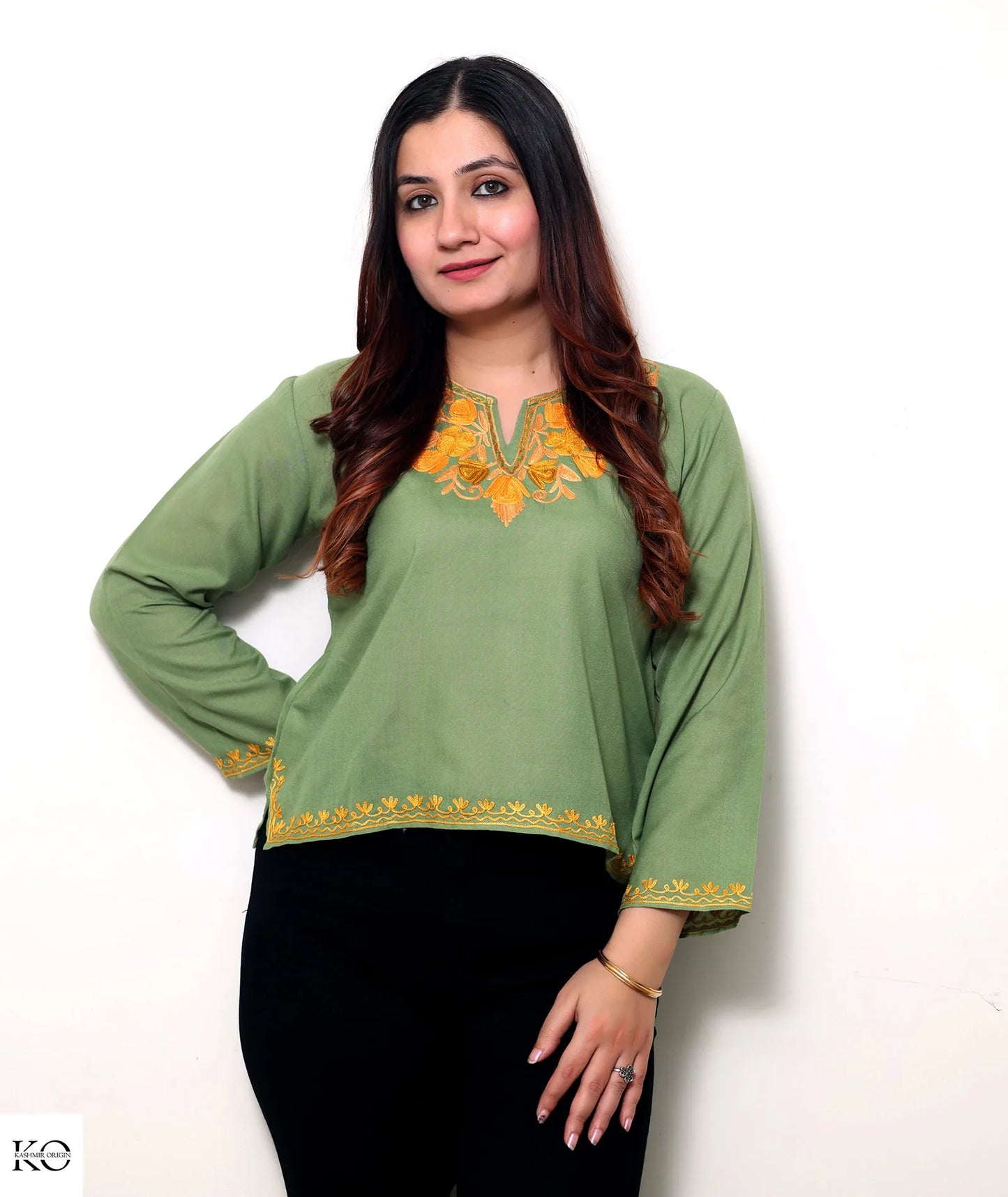 Green Base Embroidered Cotton Short Kurti