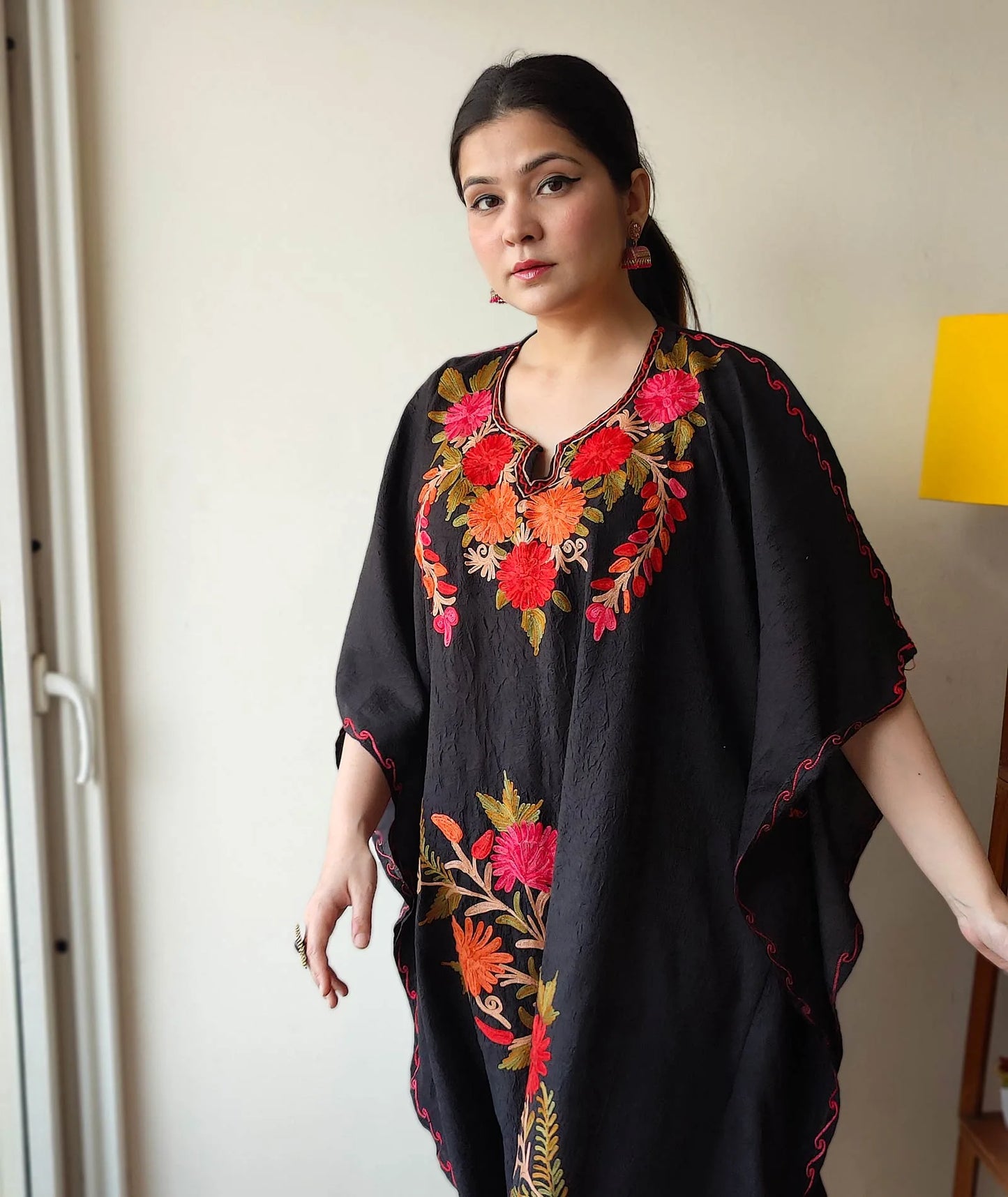 Posh thaer Design Aari Embroidered Black Cotton Short Kaftan