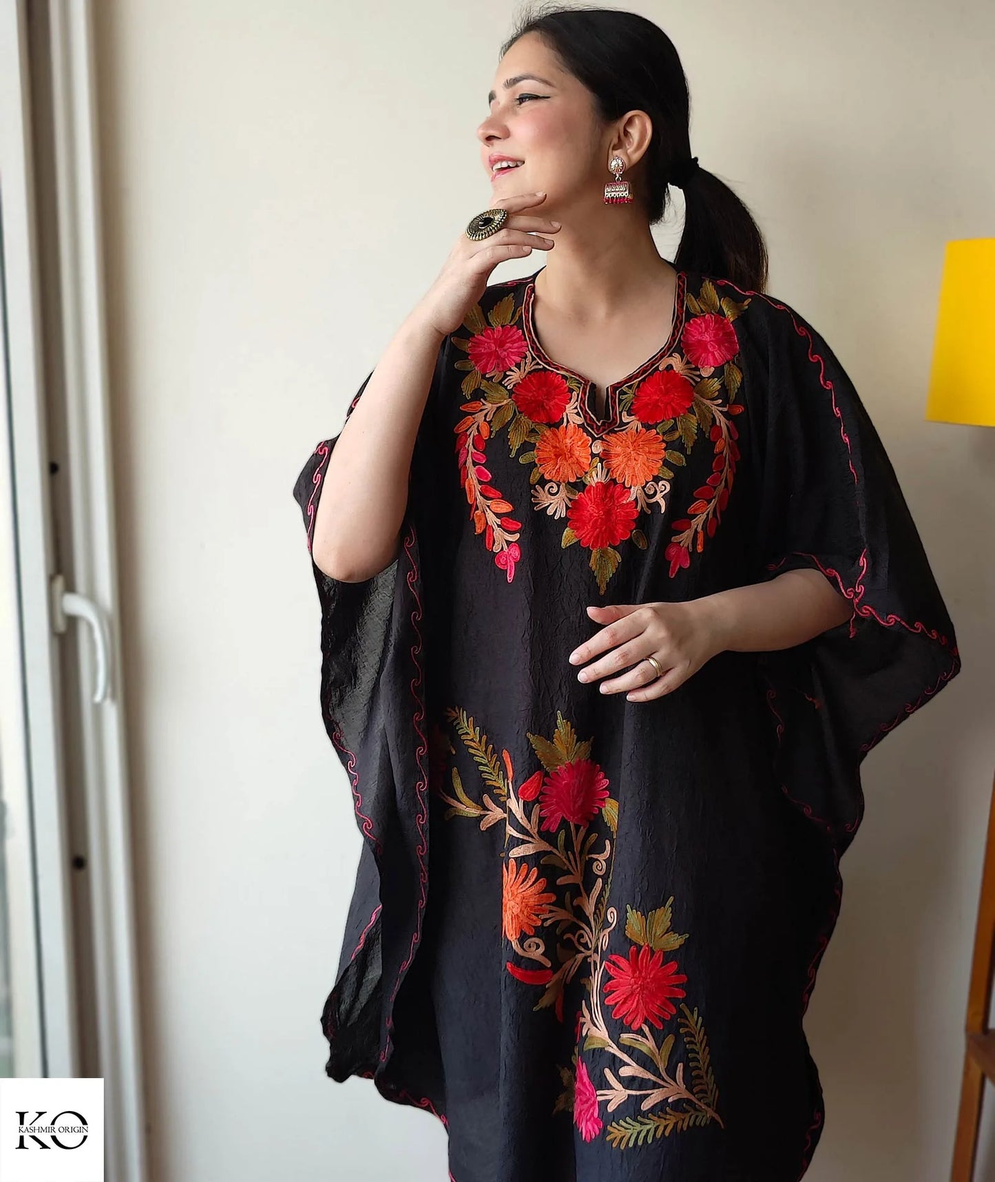 Posh thaer Design Aari Embroidered Black Cotton Short Kaftan