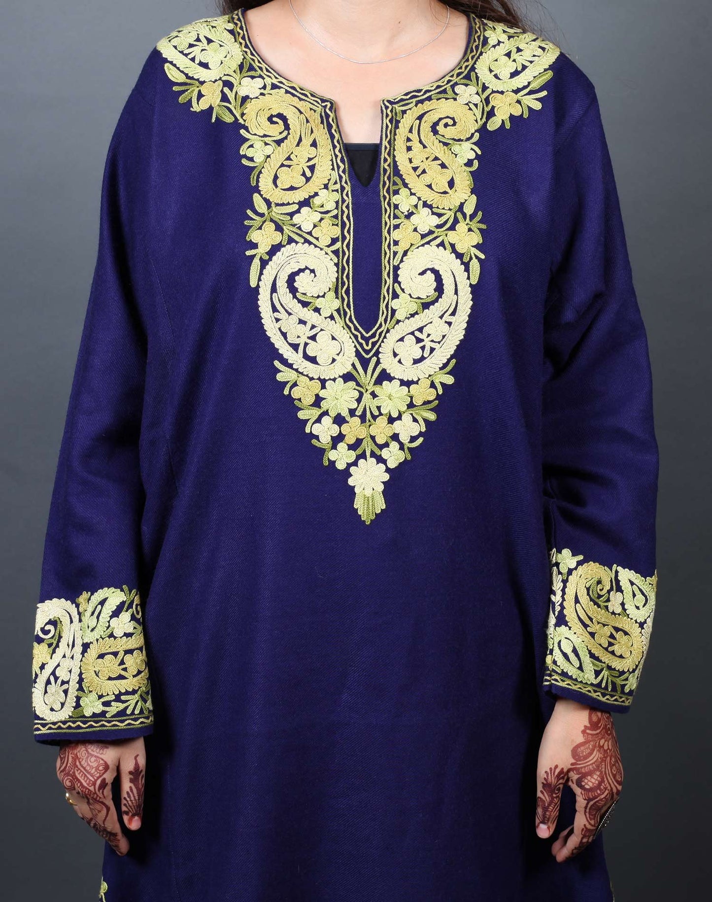 Blue Aari Embroidered Badam daar Design Phiran