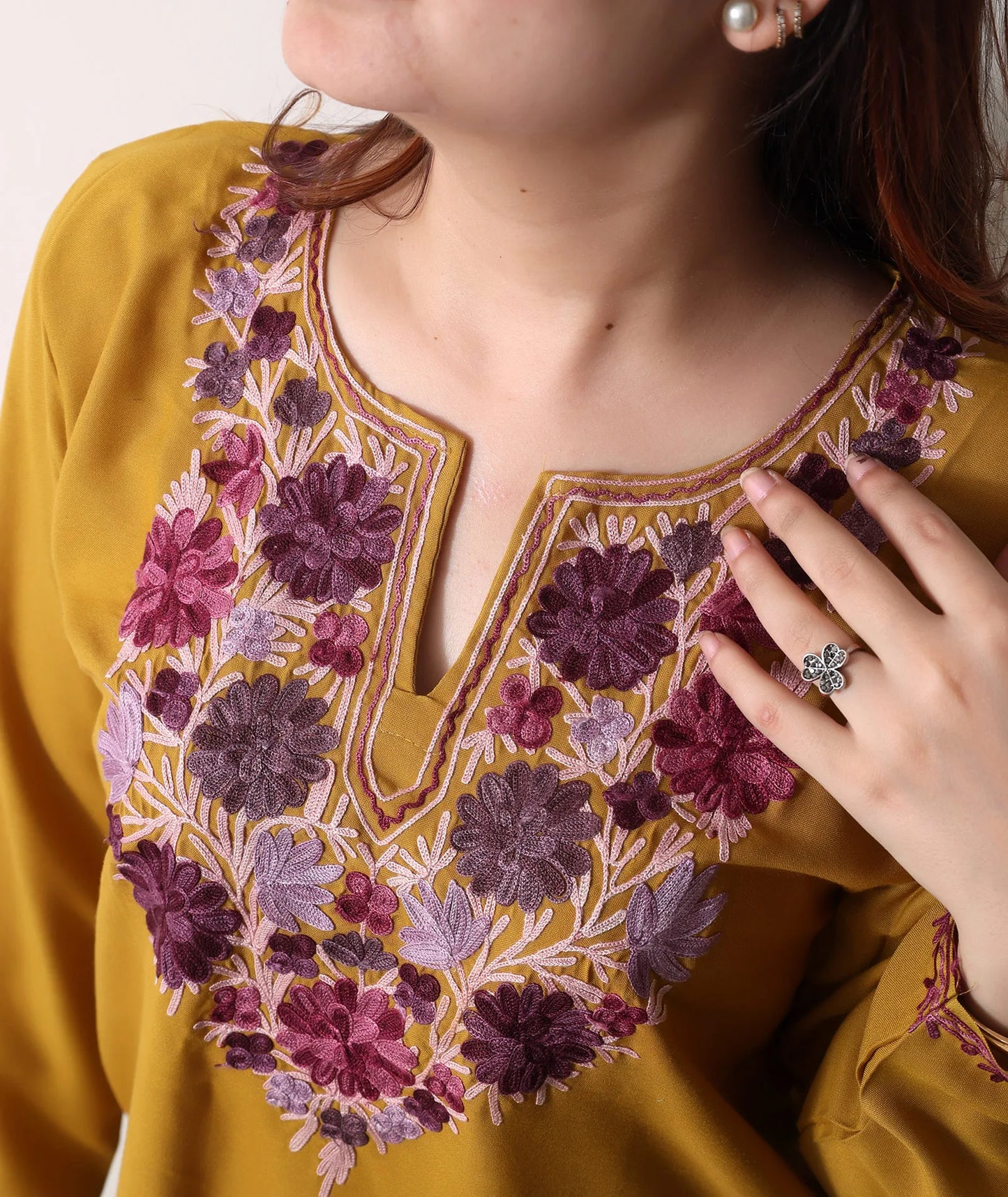 Mustard Base Embroidered Floral Cotton  Kurti