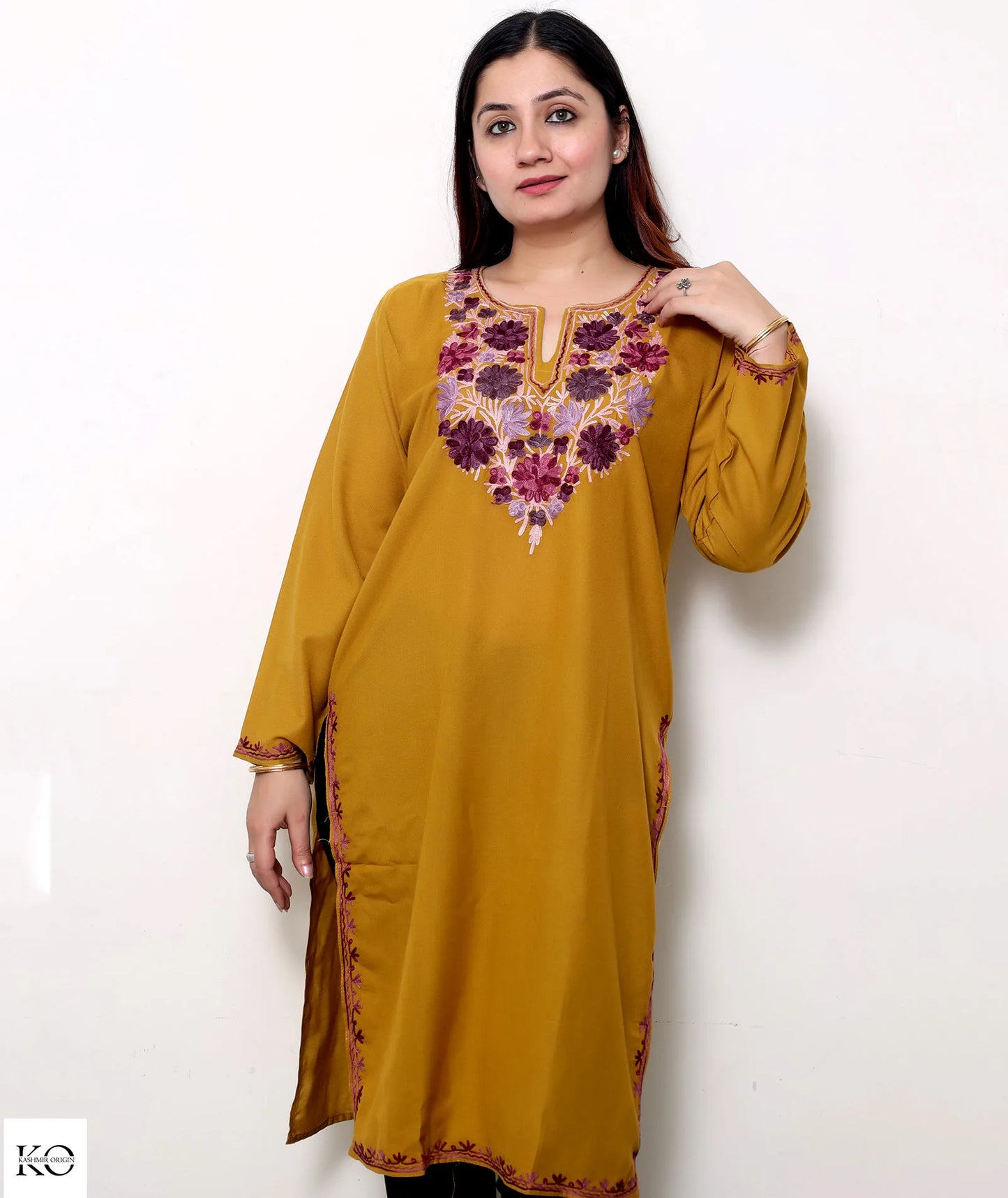 Mustard Base Embroidered Floral Cotton  Kurti