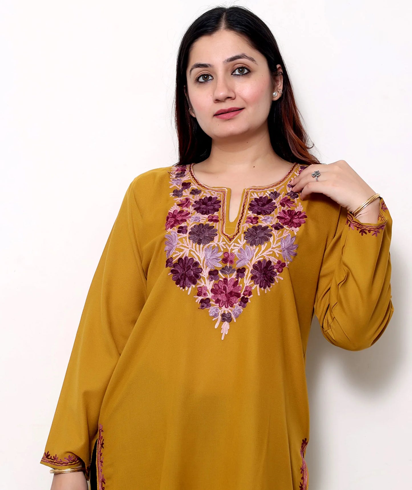 Mustard Base Embroidered Floral Cotton  Kurti