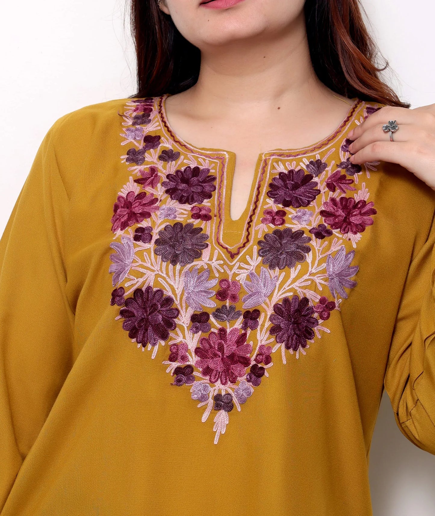 Mustard Base Embroidered Floral Cotton  Kurti