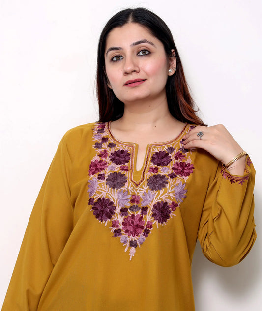 Mustard Base Embroidered Floral Cotton  Kurti