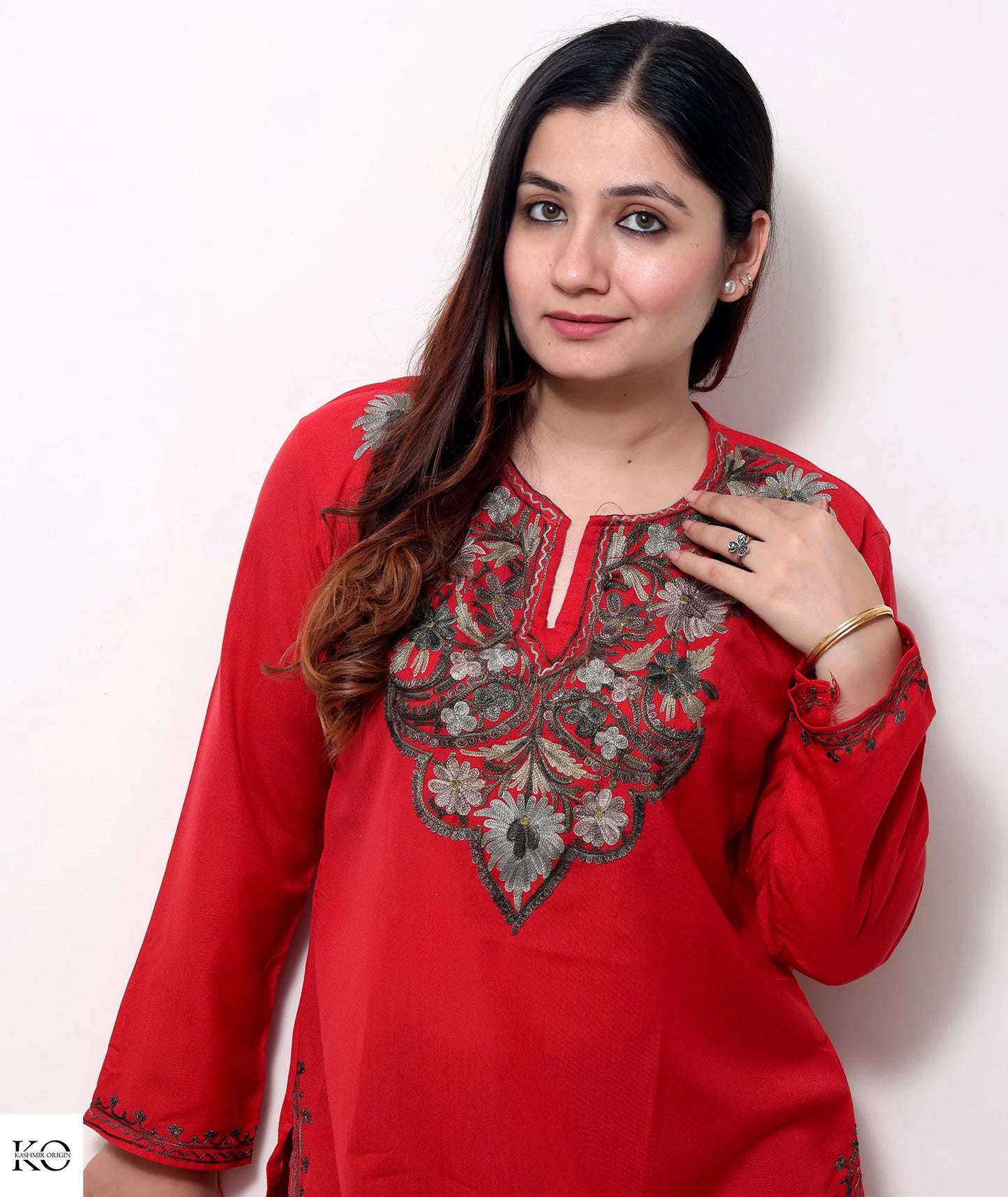 Red Base Aari Embroidered  Cotton Short Kurti