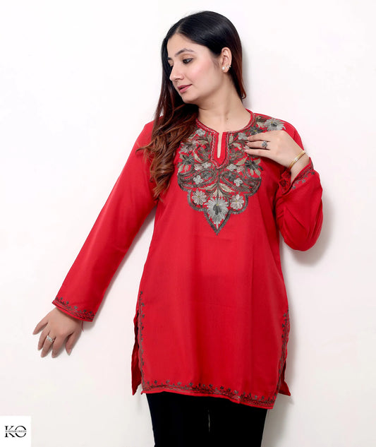 Red Base Aari Embroidered  Cotton Short Kurti