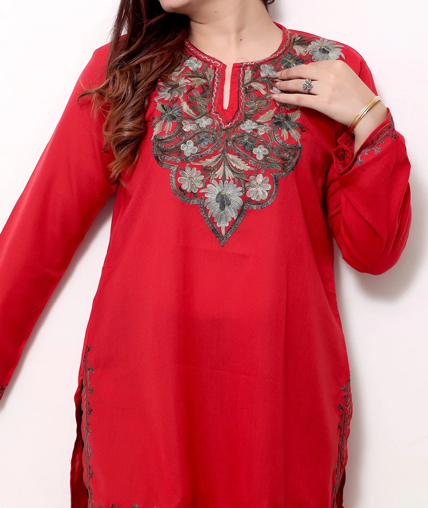 Red Base Aari Embroidered  Cotton Short Kurti