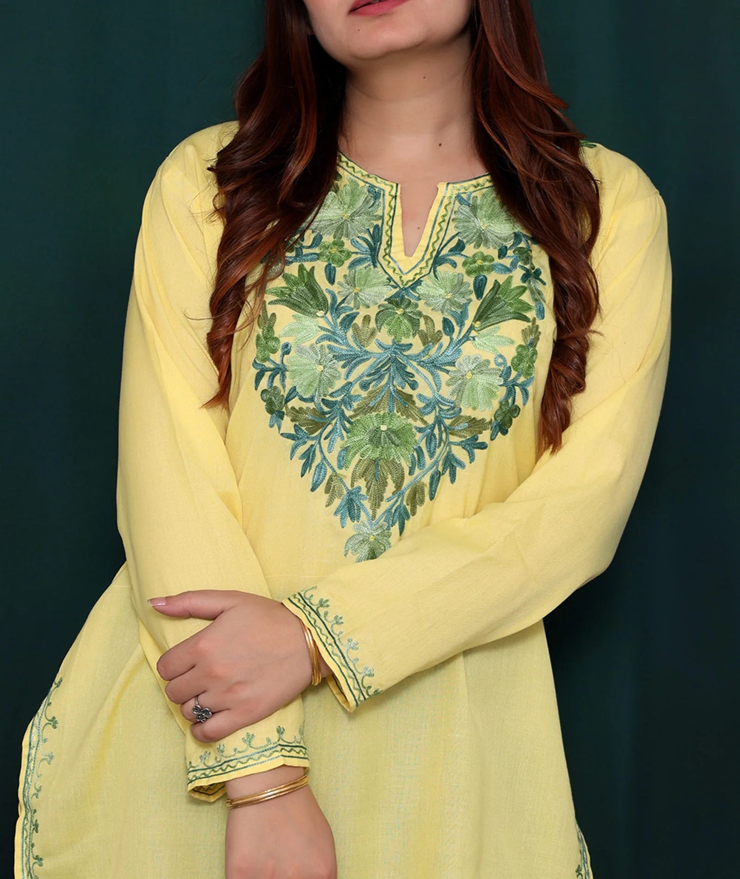 Lemon Yellow & Green Embroidered Floral Cotton Short Kurti