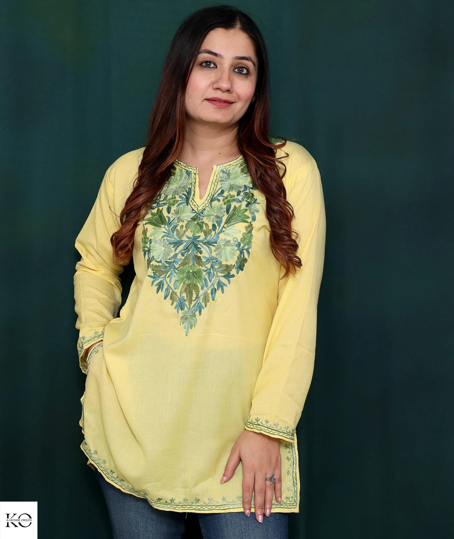 Lemon Yellow & Green Embroidered Floral Cotton Short Kurti