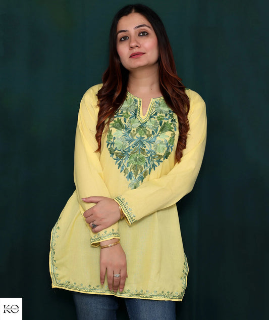 Lemon Yellow & Green Embroidered Floral Cotton Short Kurti