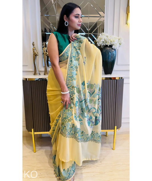 Green Tulips Aari Embroidered yellow Georgette Saree