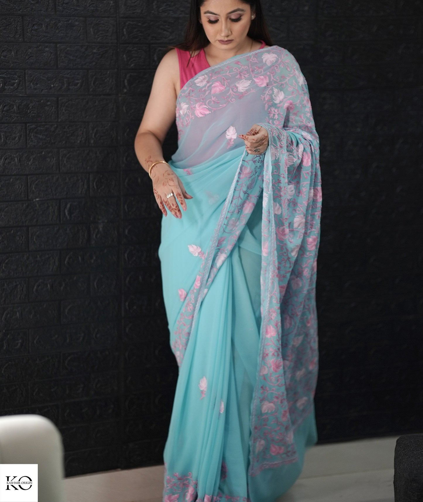 Light Baby Blue Embroidered White Georgette Saree