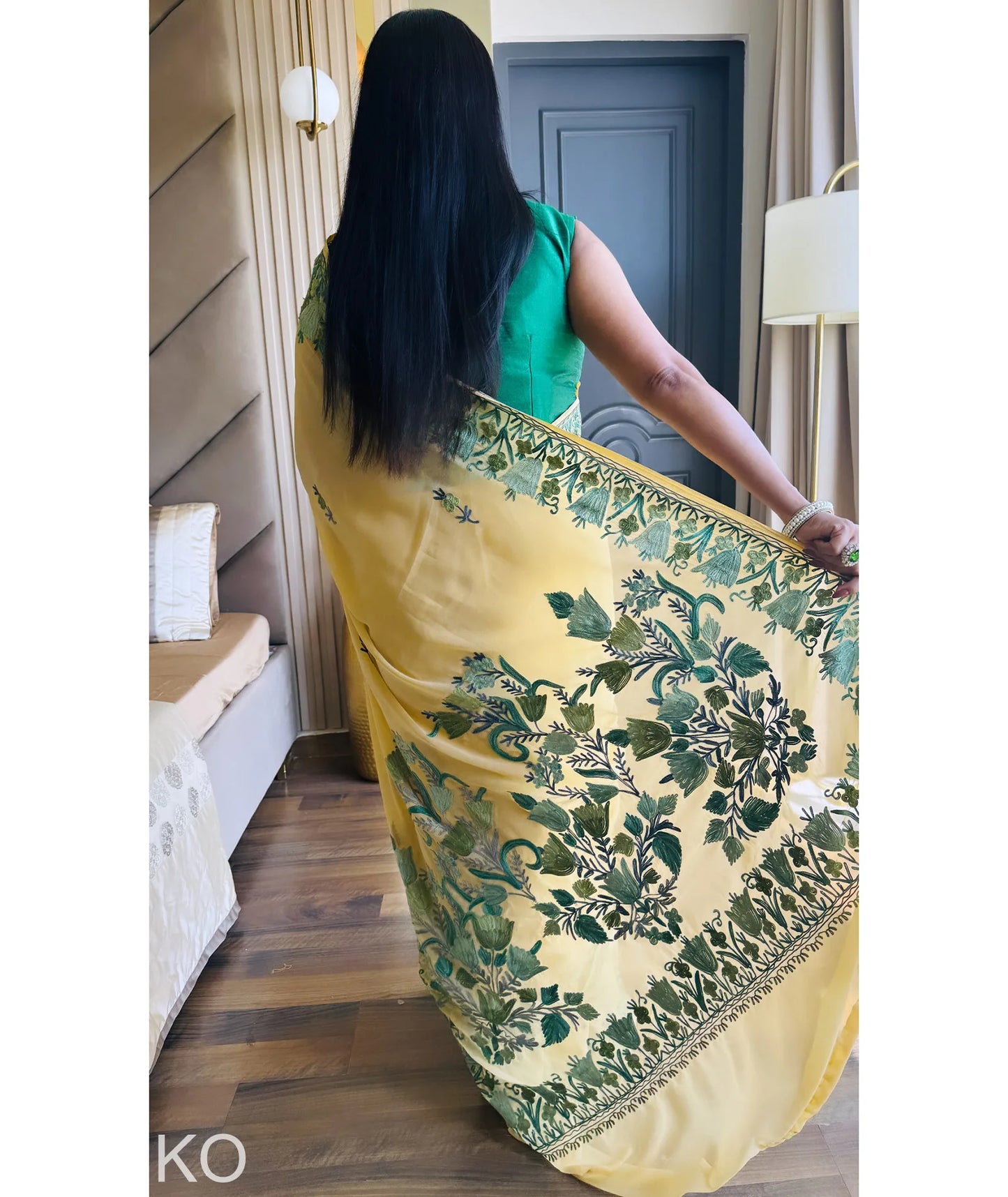 Green Tulips Aari Embroidered yellow Georgette Saree