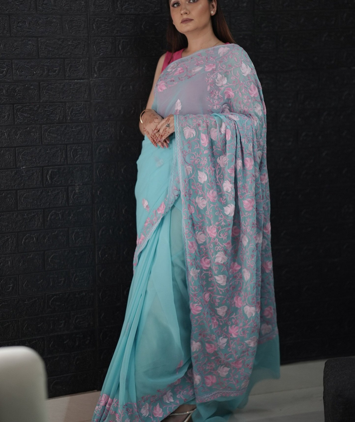 Light Baby Blue Embroidered White Georgette Saree