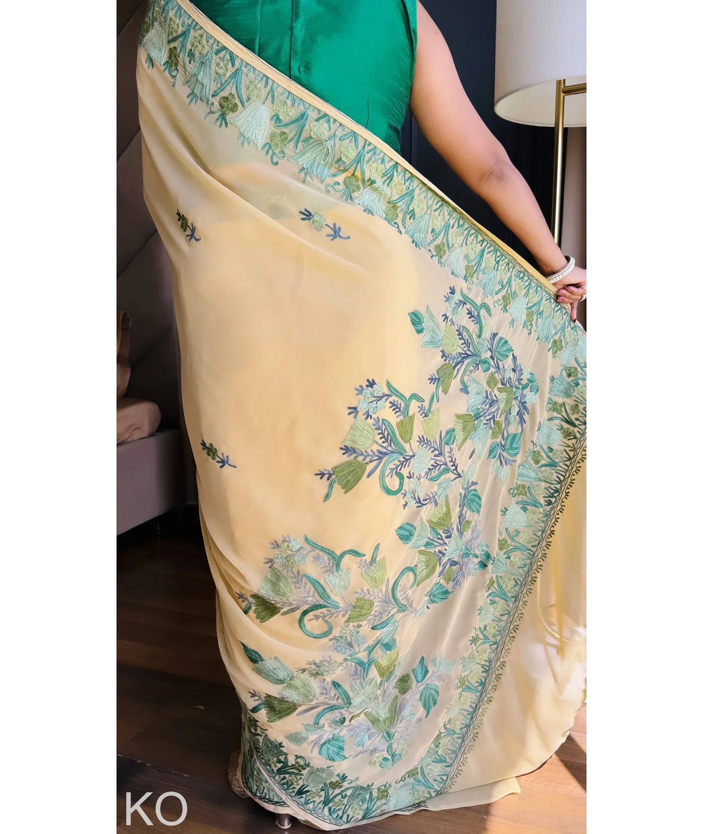 Green Tulips Aari Embroidered yellow Georgette Saree