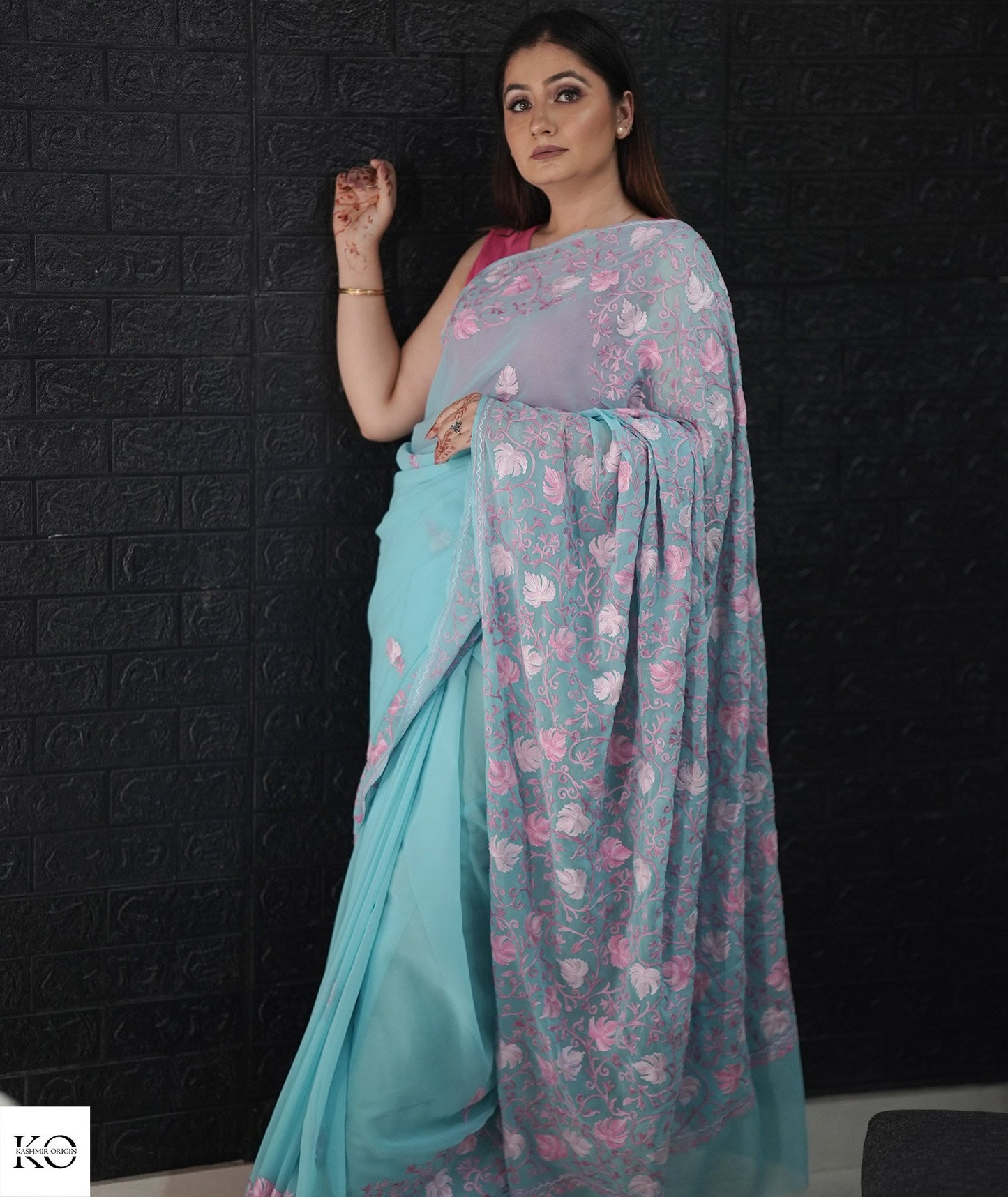 Light Baby Blue Embroidered White Georgette Saree