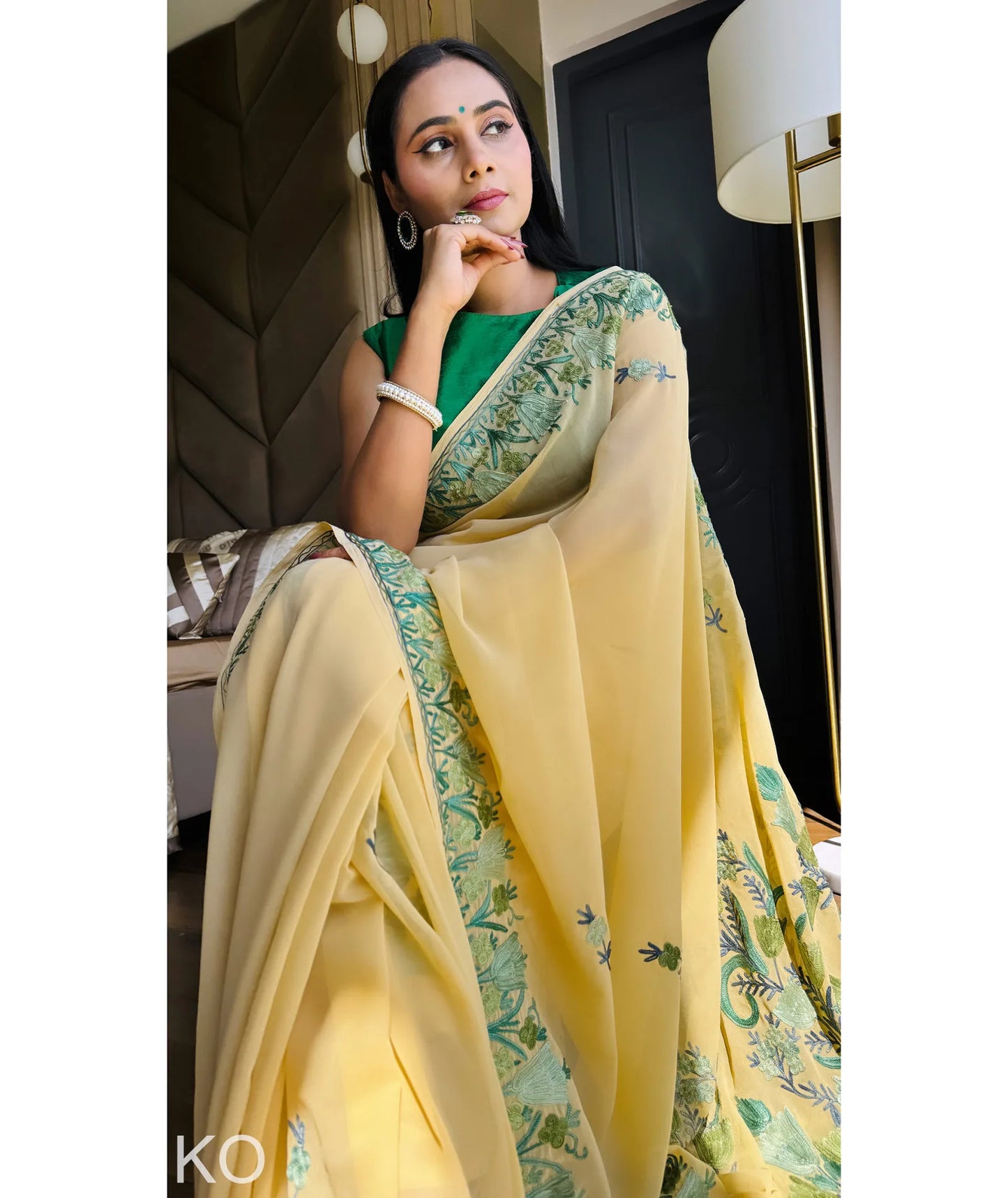 Green Tulips Aari Embroidered yellow Georgette Saree