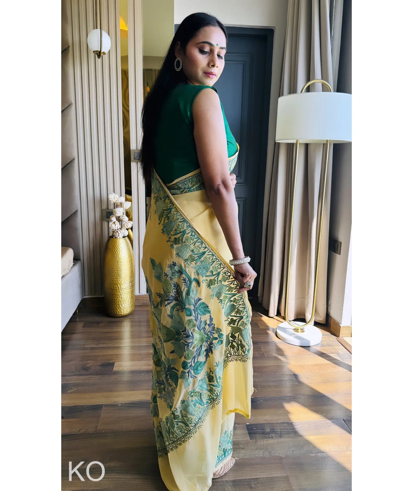 Green Tulips Aari Embroidered yellow Georgette Saree