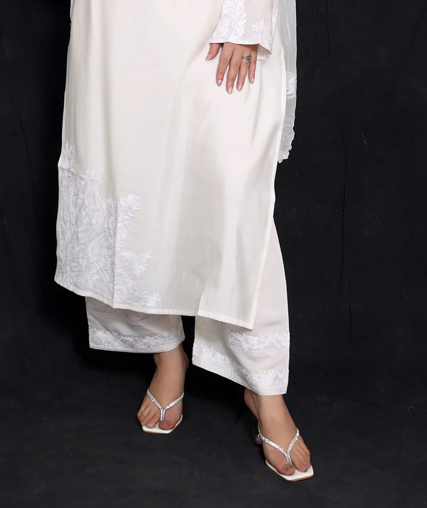 White Tone on Tone Silk Crepe Embroidered Co Ord Set With Dupatta