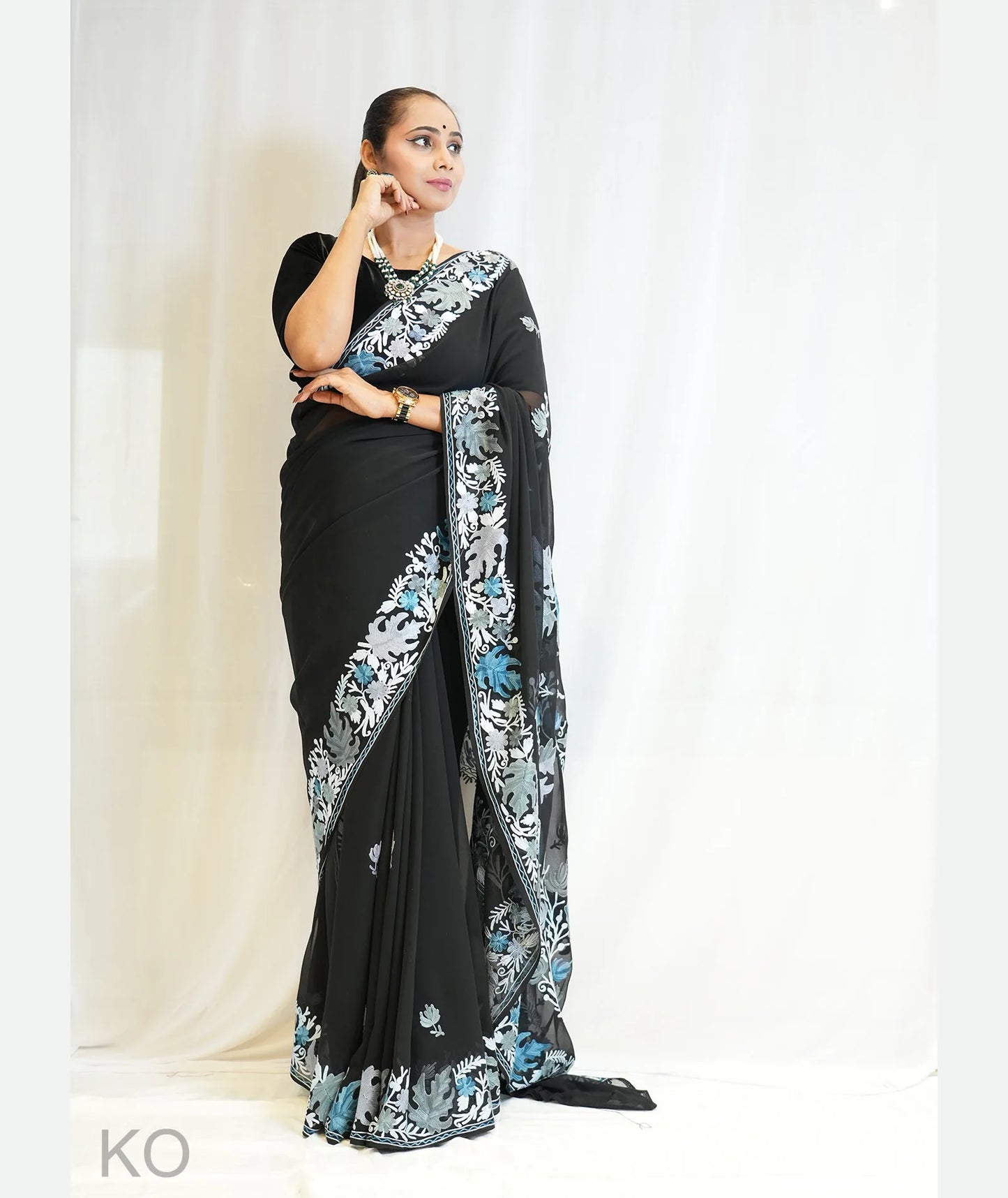 Chinar Aari Embroidered  Black Georgette Saree