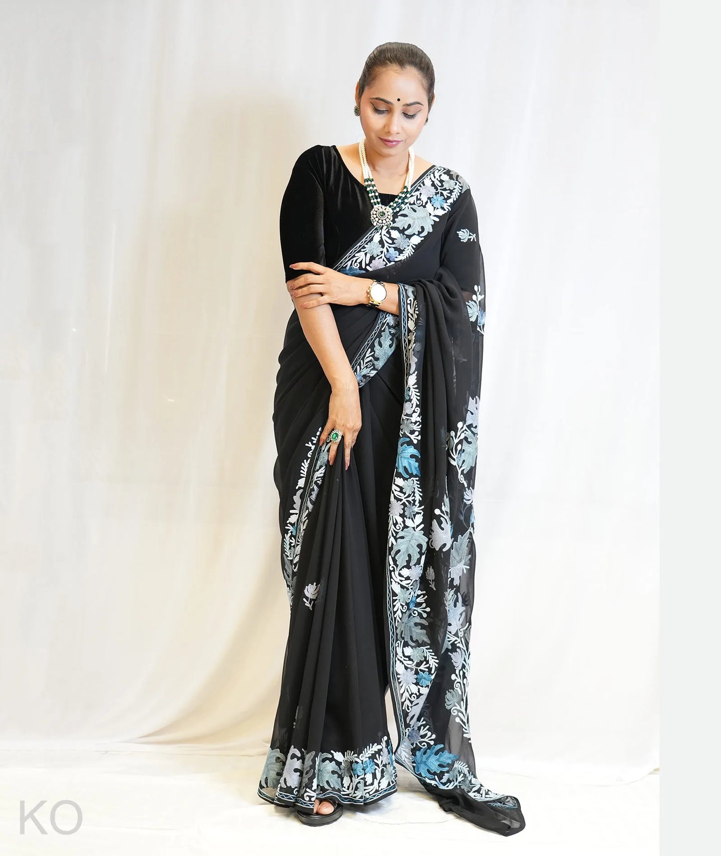 Chinar Aari Embroidered  Black Georgette Saree