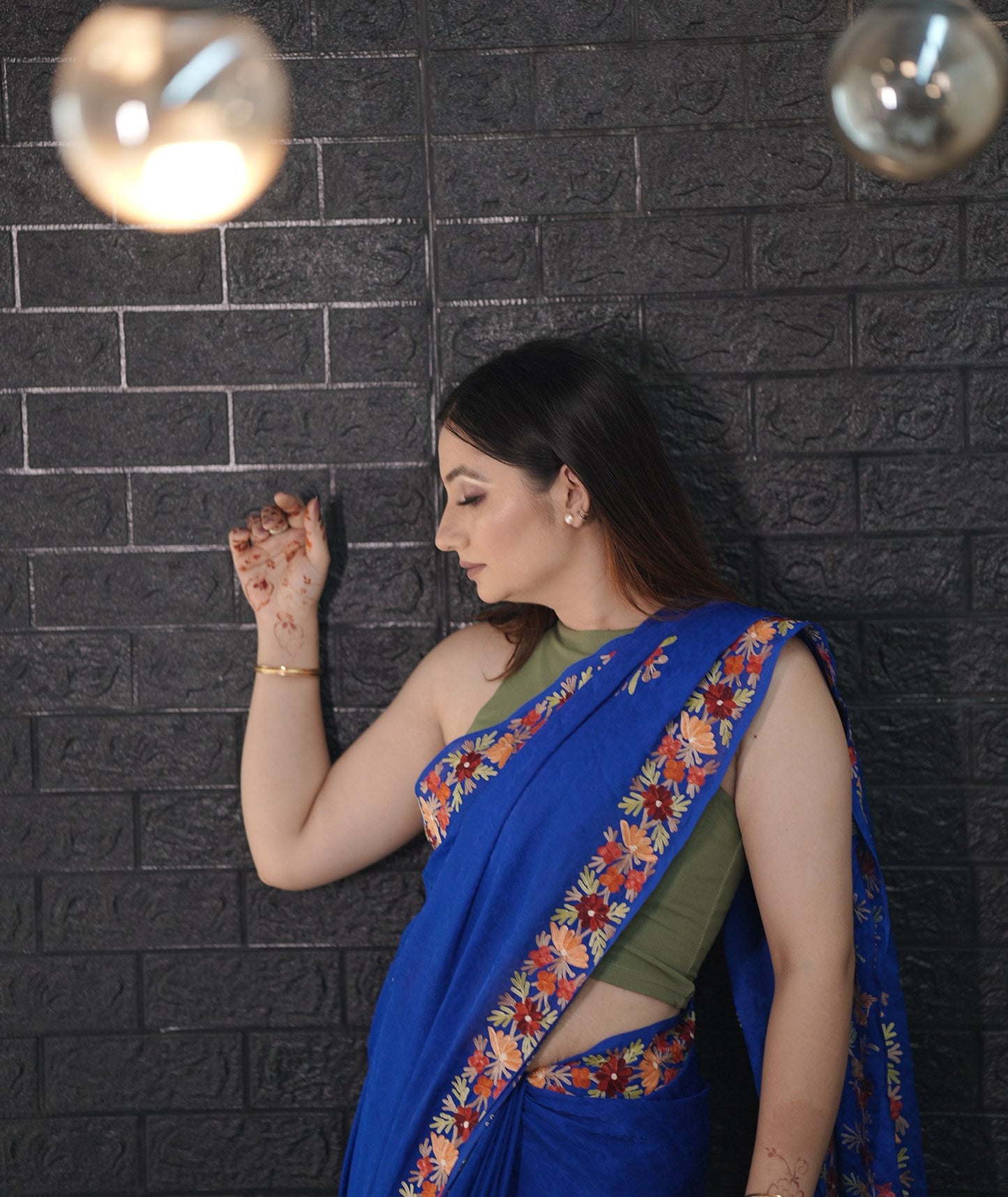 Royal Blue Aari Embroidered Crepe Saree