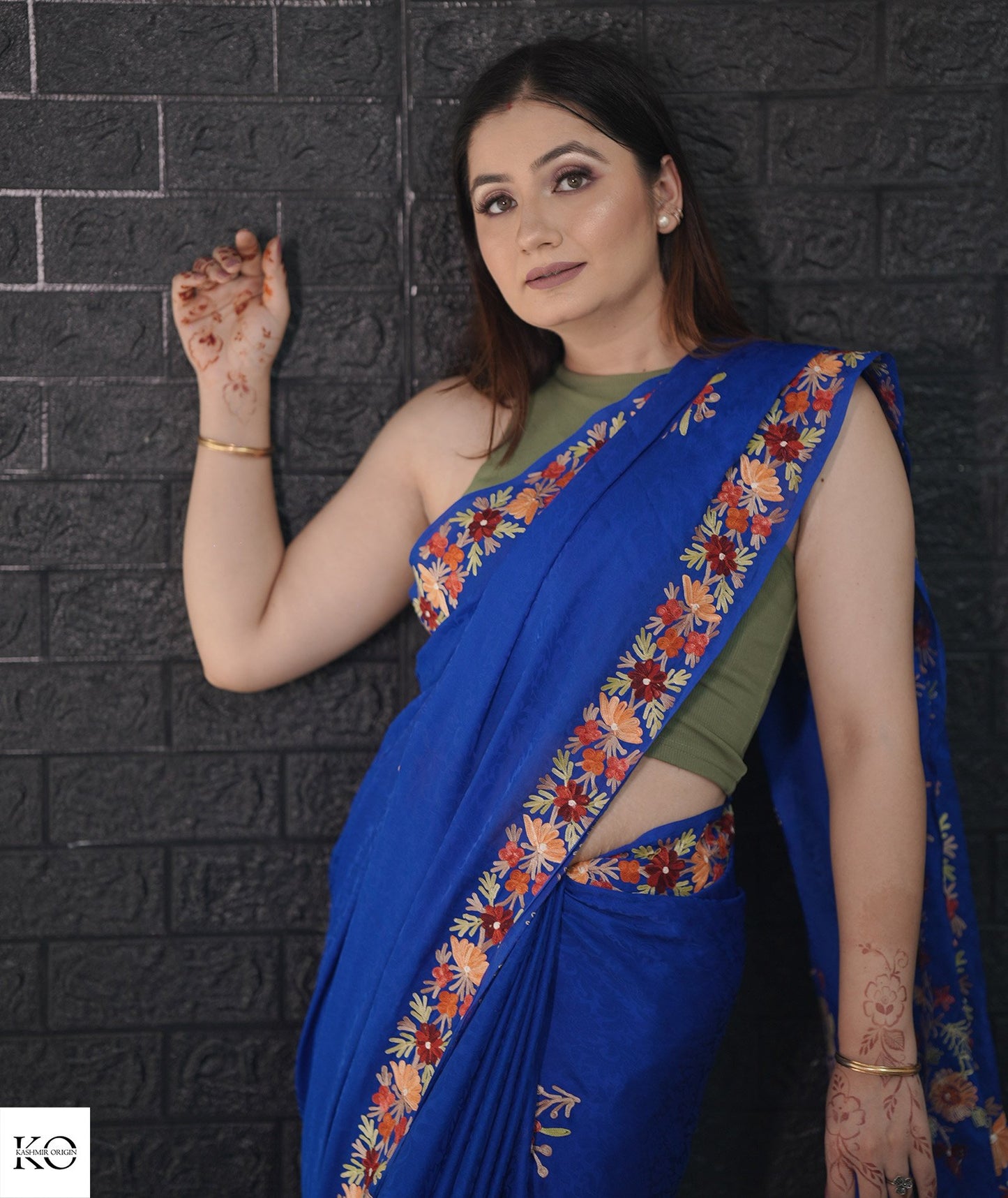 Royal Blue Aari Embroidered Crepe Saree