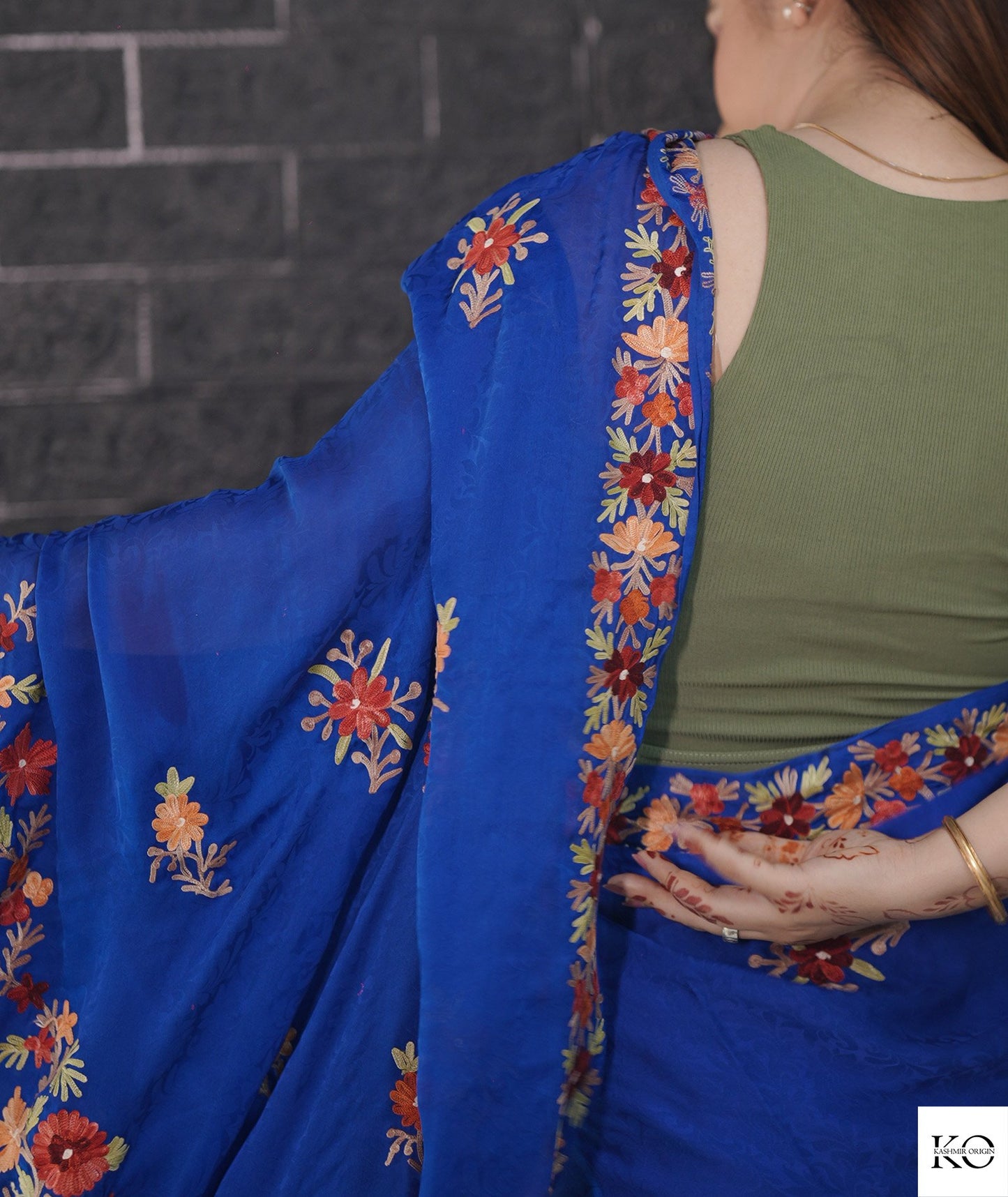 Royal Blue Aari Embroidered Crepe Saree