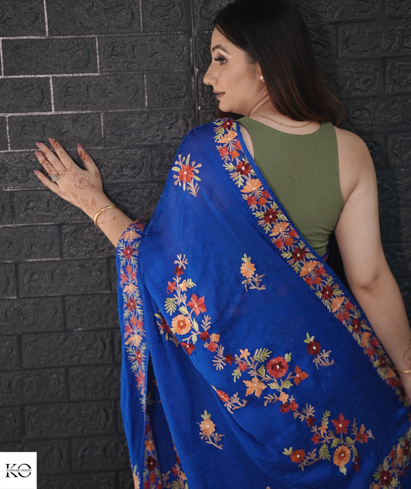 Royal Blue Aari Embroidered Crepe Saree