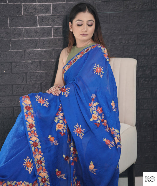 Royal Blue Aari Embroidered Crepe Saree