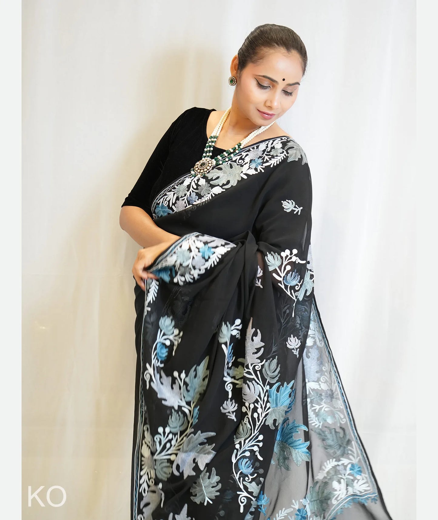 Chinar Aari Embroidered  Black Georgette Saree